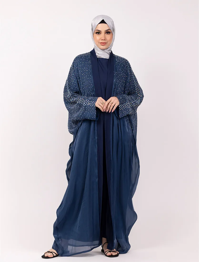 Navy Sparkle Crystal Embellished Sheer Overlay Abaya
